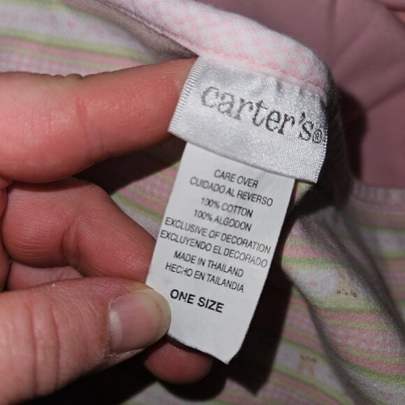 VTG Carter's Bunny Rabbit Pink Baby Blanket JOY IS Green White Stripe Cotton - Picture 3 of 8